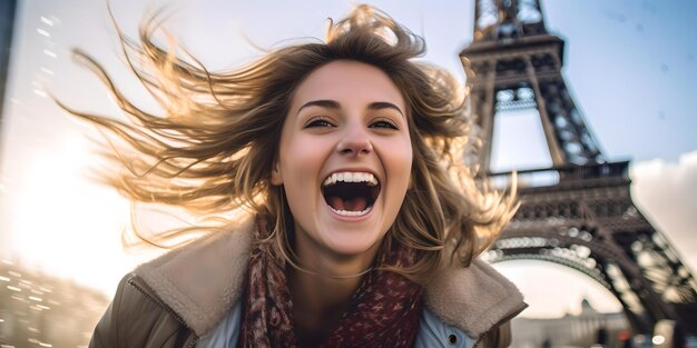 Joyful woman laughing in front of the eiffel tower vibrant life and travel emotions captured embrace adventure AI