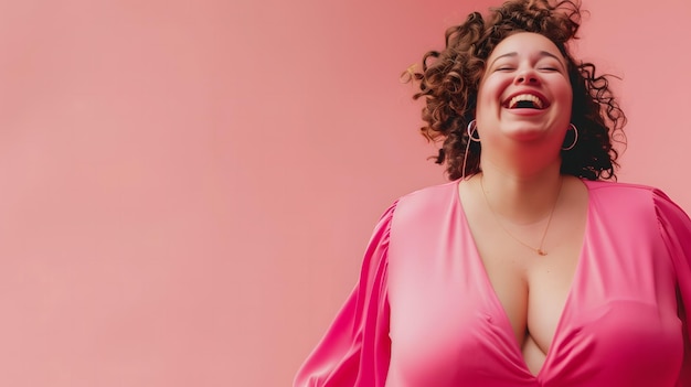 Joyful woman laughing heartily on a pink background body positive concept