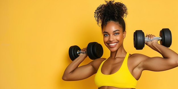 Joyful woman lifting barbell on yellow background with copy space