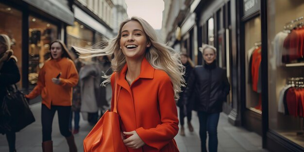 Joyful woman in orange coat enjoying shopping spree smiling young lady in urban setting fashion in m