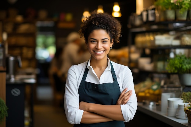 Joyful woman shop owner at a cafe or grocery store arms crossed AI