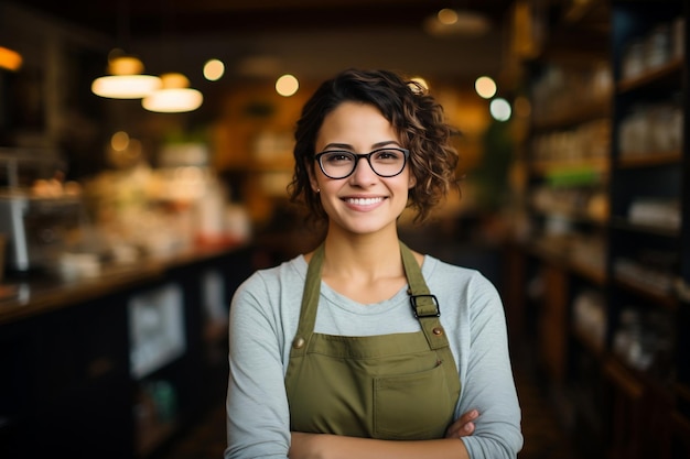 Joyful woman shop owner at a cafe or grocery store arms crossed AI