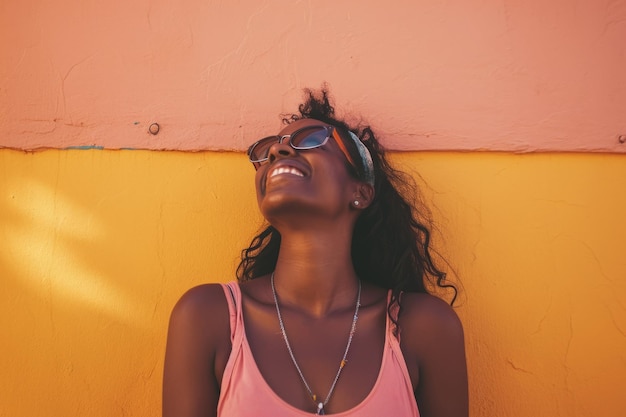 Photo joyful woman smiling in sunglasses against a vibrant yellow wall depicting happiness and summer vibes