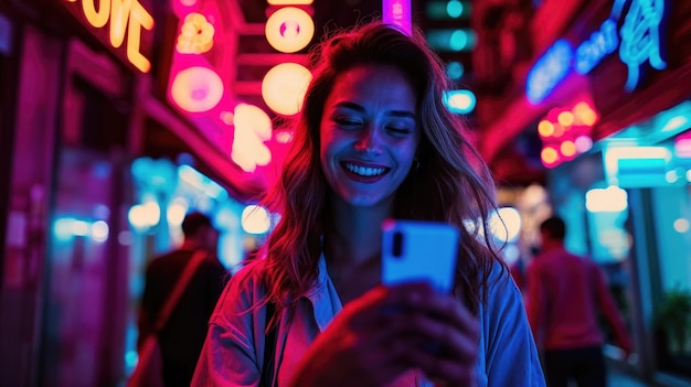 Foto donna gioiosa che usa lo smartphone in mezzo a luci al neon vibranti di notte in città