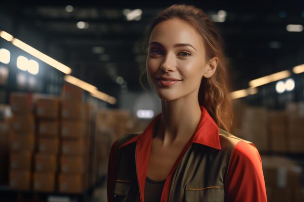 A joyful woman in a warehouse