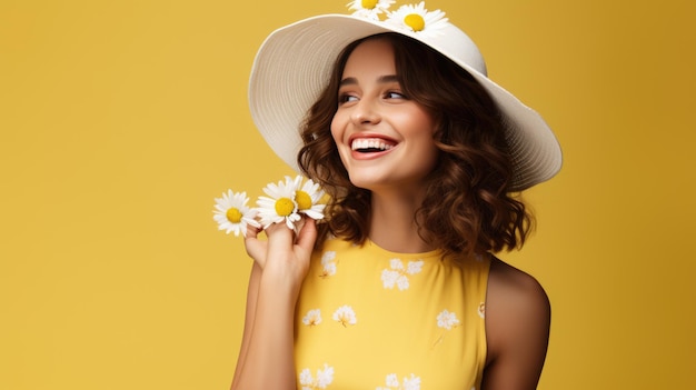 Joyful woman wearing a straw hat adorned with white daisies laughing and enjoying a sunny day against a yellow background