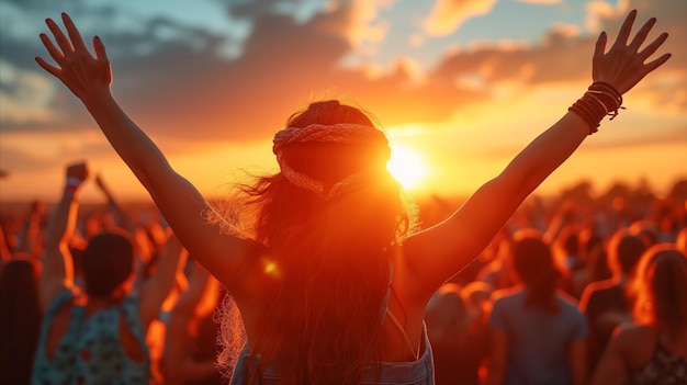 Joyful woman with arms raised enjoying music festival at sunset