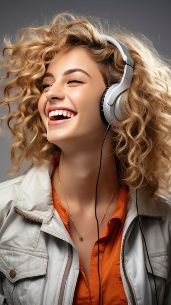 Joyful woman with curly hair enjoying music headphones on radiant smile