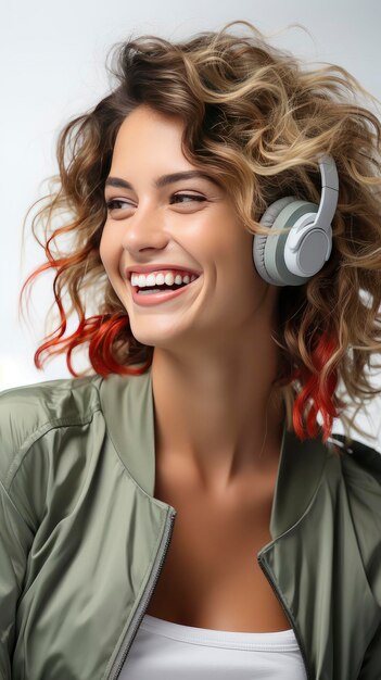 Joyful woman with curly hair enjoying music headphones on radiant smile