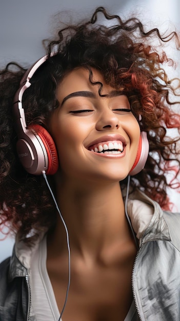 Foto donna gioiosa con i capelli ricci che si gode la musica con le cuffie un sorriso radioso
