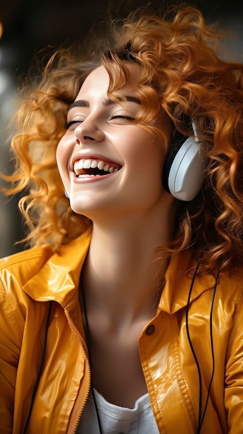 Joyful woman with curly hair enjoying music in headphones radiant smile