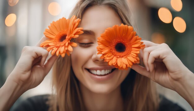 Joyful woman with floral eyes concept