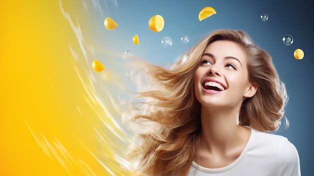 A joyful woman with flowing hair surrounded by floating lemon slices and water bubbles against a vibrant blue and yellow gradient background