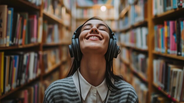 Joyful woman with headphones in library