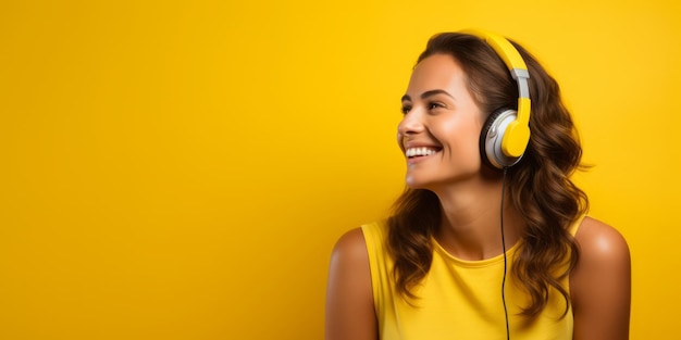 Joyful woman with headset on yellow background Generative AI