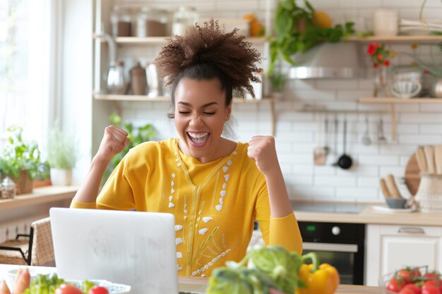 Joyful Woman with Laptop Experiencing Online Triumph in Kitchen