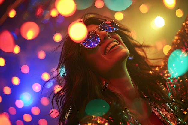 Joyful woman with party glasses at a festive celebration with colorful bokeh lights