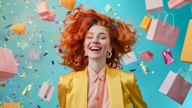 Фото Радостная женщина с рыжими волосами смеется среди падающих конфетов и пакетов для покупок, захватывая счастье в красочной яркой сцене празднования.