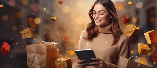 Joyful woman with shopping bags using smartphone online shopping theme empty space