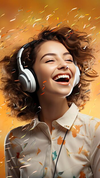 Joyful woman with wavy hair enjoying music wearing headphones and a light jacket Closeup portrait