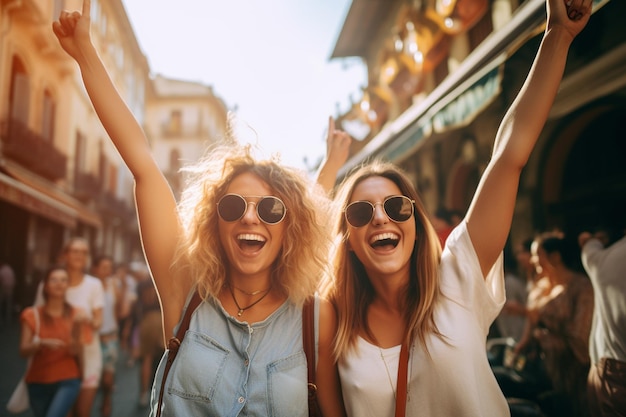 Joyful Women Celebrating Outdoors Female Friends with Arms Up Generative AI