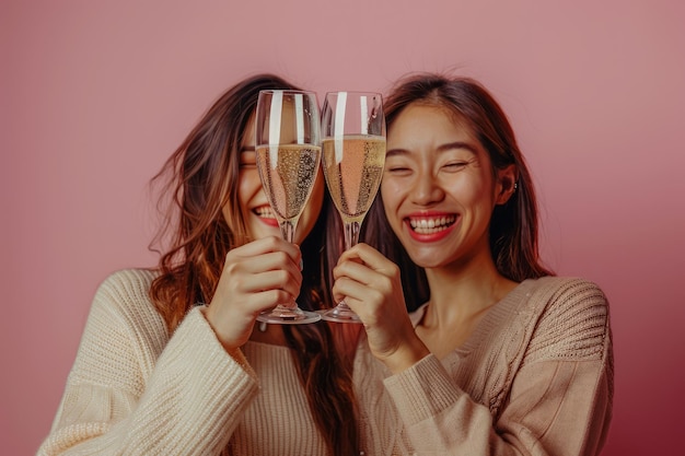 Joyful Women Toasting with Champagne Glasses Celebration Concept on Pink Background
