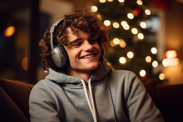 즐거운 어린 소년 은 헤드폰 에 좋아하는 곡 을 들고 크리스마스 의 정신 을 즐기고 있다