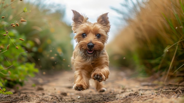 緑 の 茂る 外 の 環境 で 遊び の ため に 走っ て いる 喜び の ある 茶色 の 幼い 犬