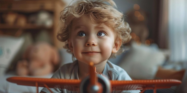 Joyful young child playing with toy plane and envisioning becoming an aviator