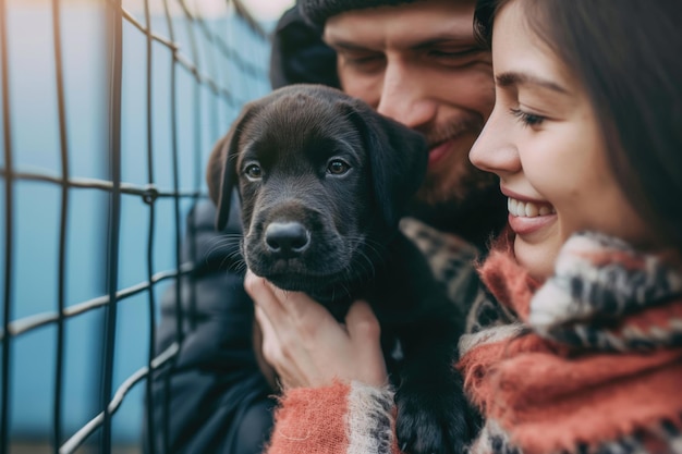 A joyful young couple is seen adopting a puppy with smiles on their faces at an animal shelter embodying compassion and companionshipxA