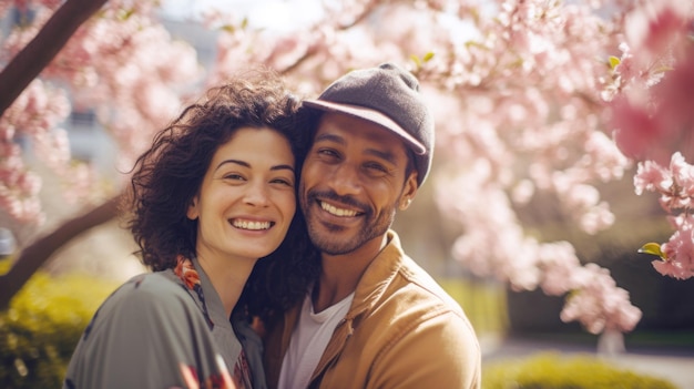 Joyful young couple surrounded by pink spring blossoms sharing a moment