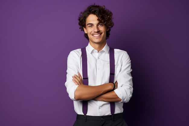 Радостный молодой джентльмен с творческим талантом, сфотографированный на фиолетовом фоне Генеративный ИИ