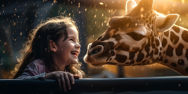 Радостная молодая девушка встречает жирафа под волшебным светом. Момент чуда и счастья запечатлен ИИ.