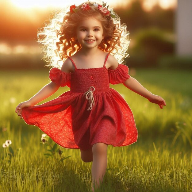 Joyful Young Girl is running in a Sunny Meadow During Late Afternoon