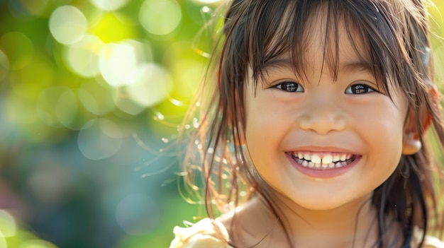 A joyful young girl smiling brightly with sunlit greenery in the background