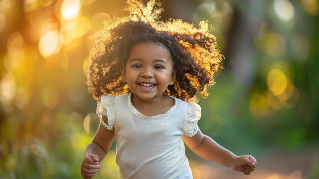 Foto ragazza gioiosa che corre in natura durante le vacanze in famiglia ai generativa