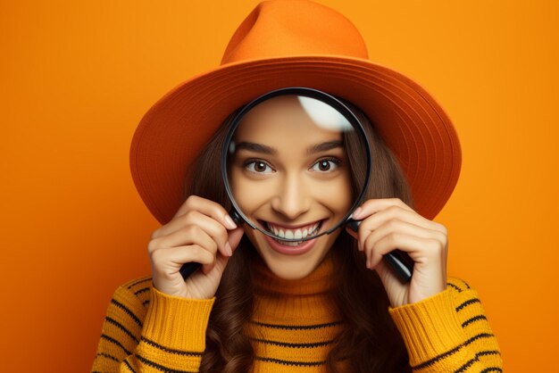 Joyful young girl in sweater and hat looking at the camera with magnifier over orange