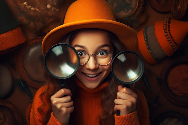 Joyful young girl in sweater and hat looking at the camera with magnifier over orange
