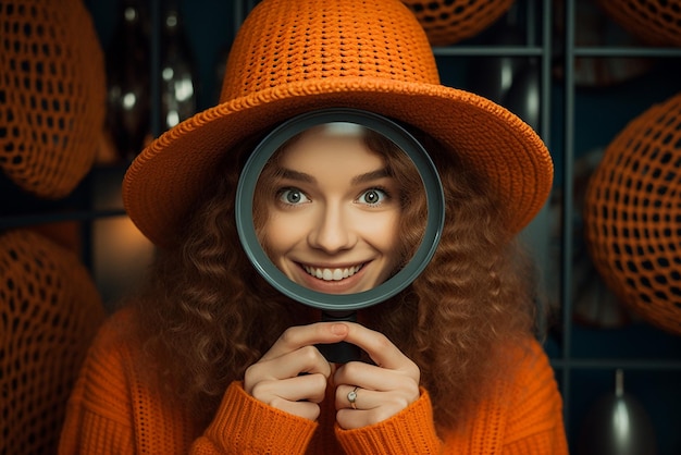 Joyful young girl in sweater and hat looking at the camera with magnifier over orange