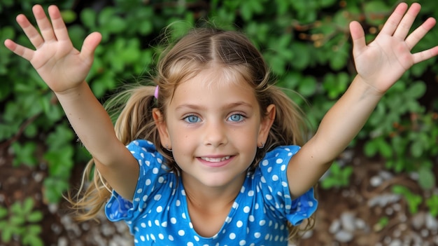 Joyful young girl waving hands in polka dot dress outdoors