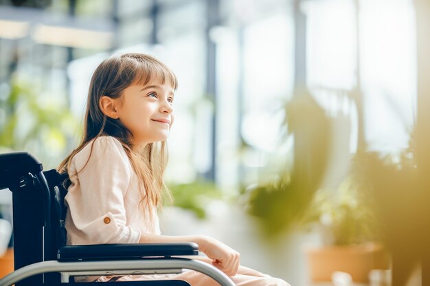 Joyful young girl in a wheelchair is bathed in soft sunlight in hospital interior