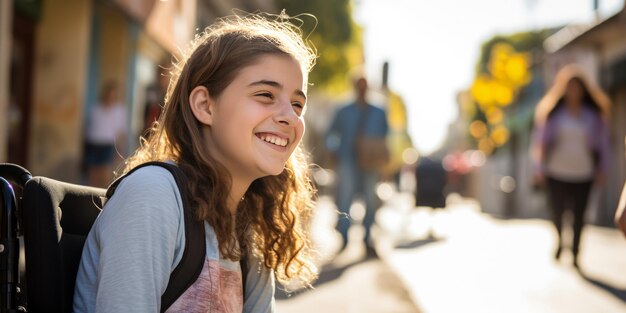 Joyful Young Girl in Wheelchair on Sunny Street