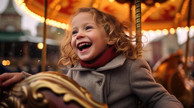 Photo a joyful young girl in a winter hat and scarf is smiling while riding on a carousel horse in the evening illuminated by the ride's lights