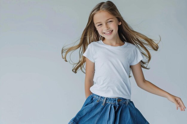 A joyful young girl with a bright smile twirling in a casual white tshirt