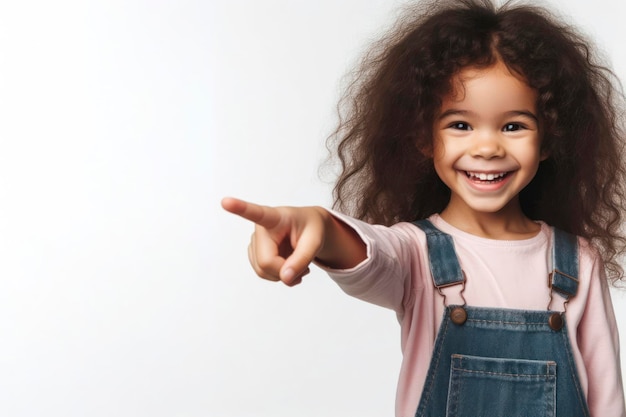 Joyful young girl with curly hair pointing finger isolated on solid white background ai generative