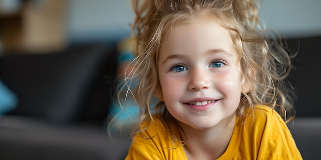 Joyful young girl with curly hair in a vibrant yellow top smiling indoors casual lifestyle portrait AI