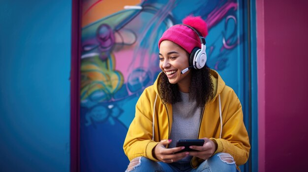 Joyful young girl with white headphones with a vibrant wall in the background enjoying music