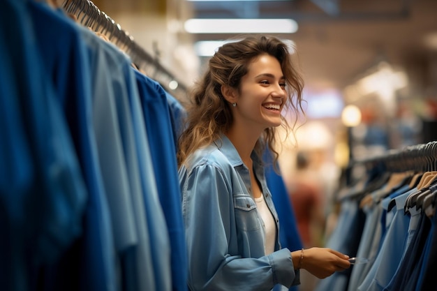 A Joyful Young Lady Hanging a Blue Sweater on a Rack Generative AI