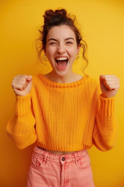 Joyful young lady in a yellow sweater cheering with clenched fists on a yellow background