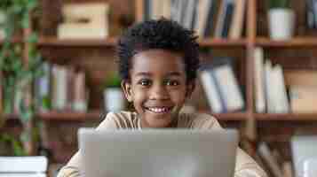 Photo joyful young learner engaging in online education concept online learning young learners virtual classroom educational technology engaging activities